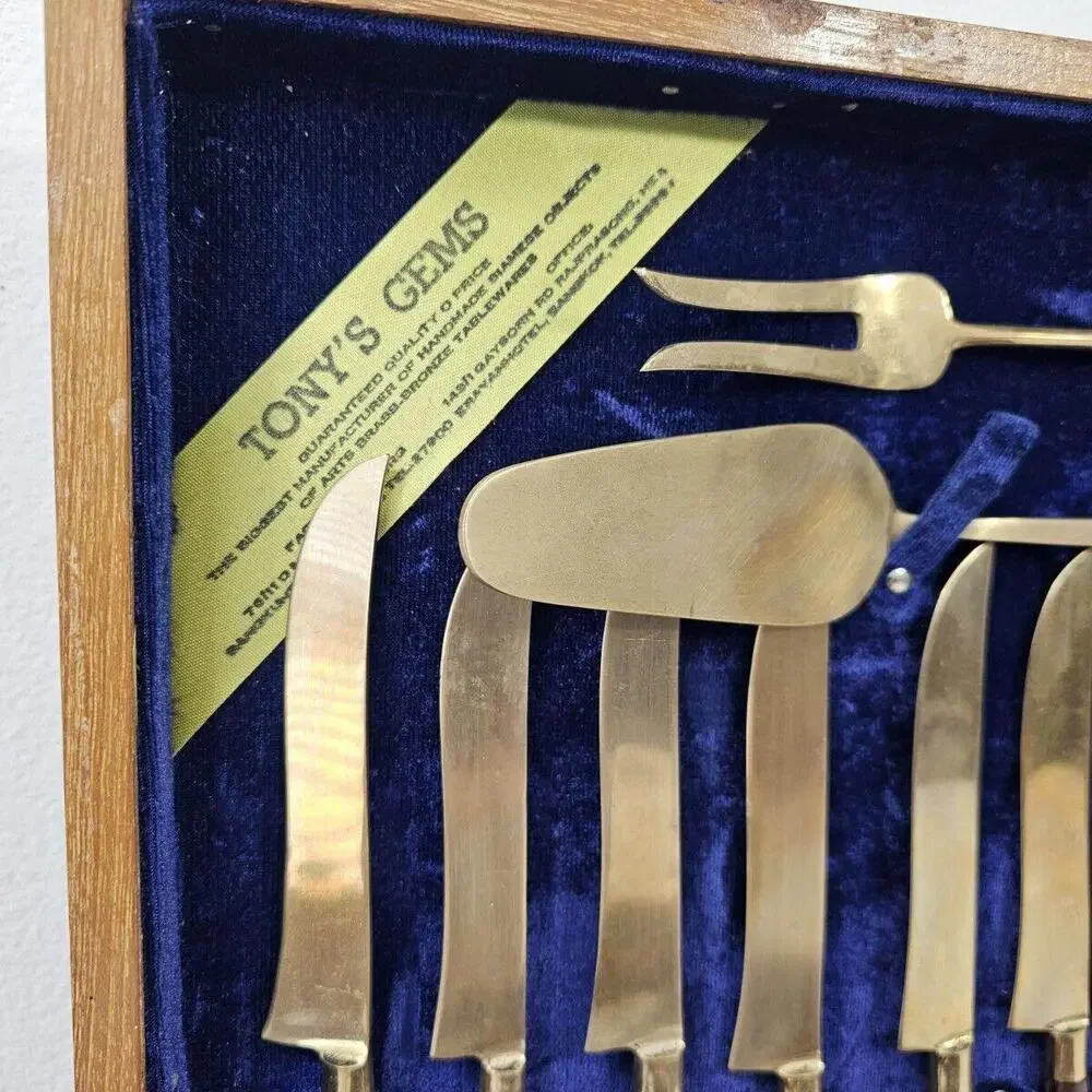 Vintage Mid-Century Tonys Gems Thailand Brass Bronze Flatware 30 Piece Set & Box - Picture 7 of 15